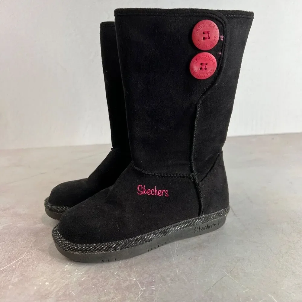 Skechers Girls Mid-Calf‎ Black Boots Pink Buttons Size 11 Fall Winter